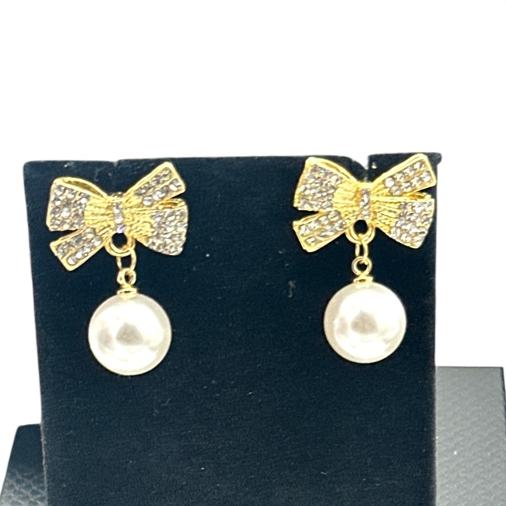 Gold Tone Bow Pearl Drop Earrings Women Fashion‎ Jewelry